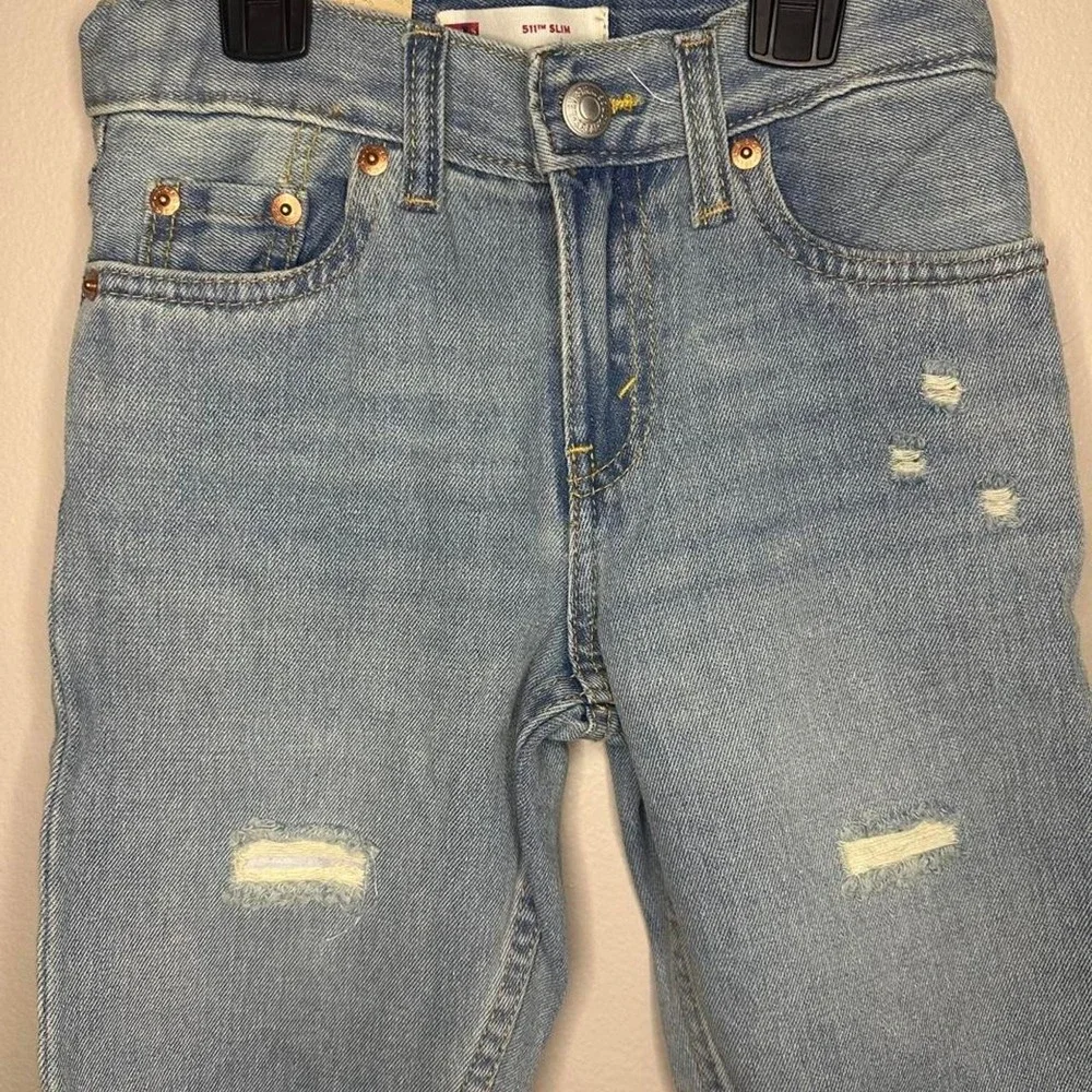 Levis 511 Slim Fit Youth Denim Shorts Light Wash Blue Distressed Size 7 Reg